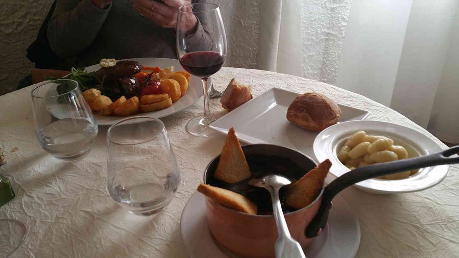 Civet de sanglier/gnocchis (magret d'oie en arrière plan)